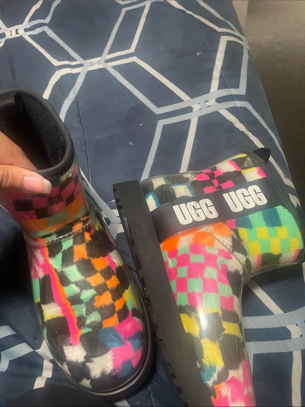 UGG Kids Multicolor Check Rain Boots - Pink, Orange, Yellow, Green, Blue